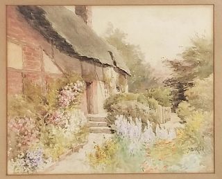 Jane Brewster Reid (American 1862-1966) Watercolor on Paper "English Thatched Roof Cottage and Garden"