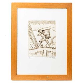 Raúl Anguiano. Campesino. Firmado a lápiz y en plancha. Fechado 2000. Grabado V/XX. Enmarcado en madera tallada. 30 x 21 cm.