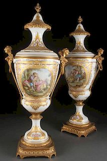 LARGE SEVRES STYLE PORCELAIN URNS, 30.5 INCHES