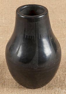 San Ildefonso black on black ceramic jar, ca. 194