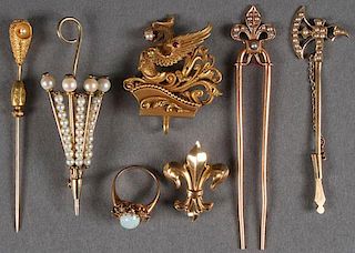 A LADIES GOLD STICK PIN & JEWELRY GROUP