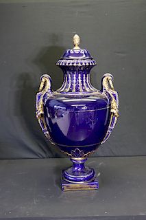 Large Vintage Cobalt Blue And Gilt Decorated Urn.