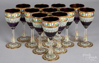 Set of twelve enamel and gilt wine glasses