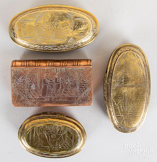 Three Dutch engraved brass snuff boxes, etc.