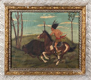 Oil on canvas of a Native American hunting