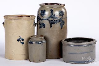 Four cobalt decorated stoneware crocks