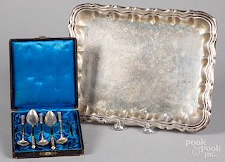 Continental silver tray and five spoons