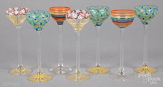 Seven painted tall cordial glasses