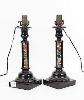 Pair of Marble Inlaid Black Stone Candlesticks