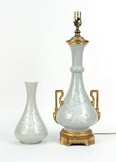 Two White-Floral Glazed Green Porcelain Vases