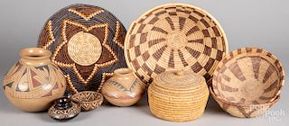 Southwest coiled basketry items & three ollas