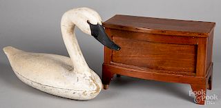 Carved and painted swan decoy, etc.