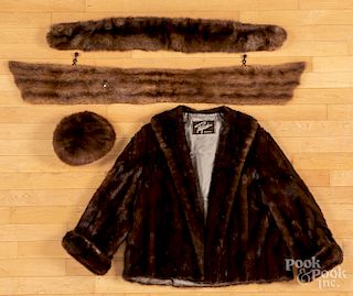 Fur coat, together with two wraps and a cap