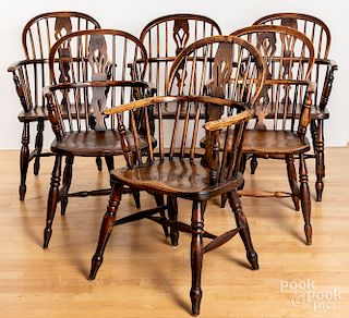 Assembled set of six English yewwood dining chairs