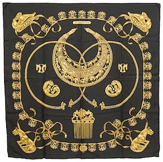 Hermes Les Cavalier d'Or Black & Gold Silk Scarf