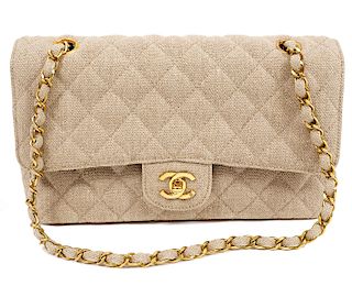 Chanel Medium Double Flap Linen Shoulder Bag