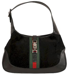 Gucci Vintage Black Suede Striped Shoulder Bag