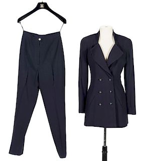 Chanel Boutique Navy Blue Wool Pant Suit Size 36