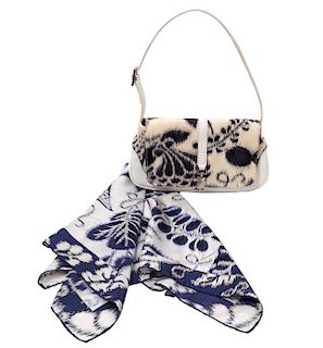 Gucci White Leather Blue Floral Handbag & Scarf