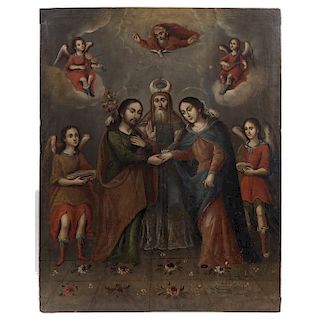 SIGNED “JOSEPH MORA”. LOS DESPOSORIOS DE LA VIRGEN (“THE MARRIAGE OF THE VIRGIN”). MEXICO, 17TH– 18TH CENTURY. Oil on canvas. Signed “JOSEPH MORA FA”.
