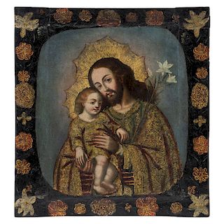 SAINT JOSEPH WITH THE CHILD. MEXICO, 18TH CENTURY. Oil on canvas. Frame painted with oil. 