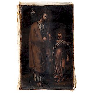 SAINT JOSEPH WITH THE CHILD. MEX., 18TH CENTURY. Oil on canvas. Comes from the collection of the heirs of the Archbishop of Mexico, Don Juan de Mañozc