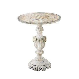 SIDE TABLE. ITALY, EARLY 20TH CENTURY. Marble mosaic. Base decorated with acanto leaves. Surface includes a chess board and vine decoration.