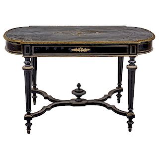 COFFEE TABLE. FRANCE, CA. 1900. NAPOLEON III style. In ebonized wood with brass applications, bone, and mother of pearl.