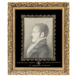 PORTRAIT OF MANUEL TOLSÁ. MEXICO, 19TH CENTURY. Graphite and pastels on paper. Gold text on the mat and framed medal.