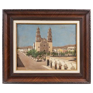 VISTA DE LA CATEDRAL DE CHIHUAHUA (“VIEW OF THE CATHEDRAL OF CHIHUAHUA”). MEXICO, 20TH CENTURY. Oil on wood.