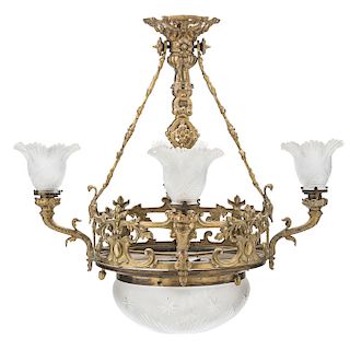CEILING LAMP. FRANCE, 19TH CENTURY. EMPIRE Style. Gold-colored bronze with frosted glass screens.