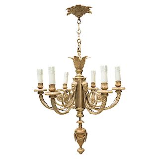 CHANDELIER. FRANCE, 20TH CENTURY. Gold-colored bronze decorated with acanto and grape leaves, vines, and Bacchus faces.