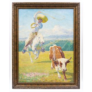 MAX VOLLMBERG (GERMANY, 1882-?). CHARRO LAZANDO (“ROPING COWBOY”). Oil on canvas. Signed.