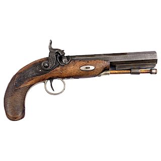PISTOL. ENGLAND, 19TH CENTURY. RICH HOLLIS & SONS Brand. Made with steel and wood. Decorated with vegetable motif.