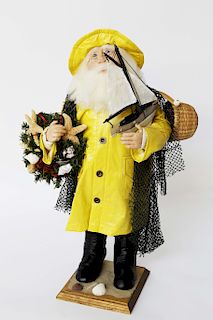 Santa Claus Fisherman in Yellow Slicker with Fishing Net and Nantucket Basket