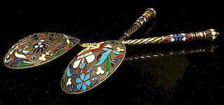 Large Russian silver enamel pair of spoons