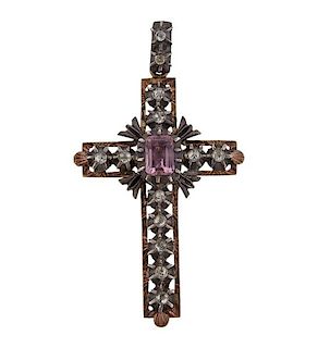 14k Gold Silver Diamond Purple Stone Cross Pendant