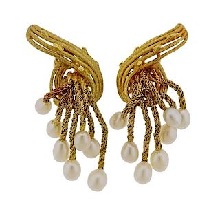 18K 14K Gold Pearl Tassel Earrings