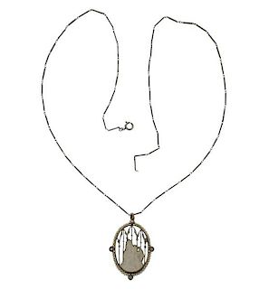 9K Gold Art Deco Diamond Mother of Pearl Pendant Necklace 