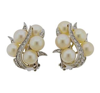 Mid Century 14K Gold Diamond Pearl Earrings