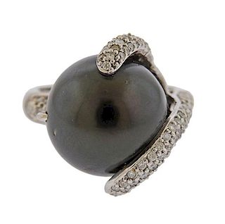14K Diamond Black Pearl Ring