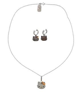 Sanrio Hello Kitty 18K Gold Silver Diamond Enamel Earrings Necklaces Set