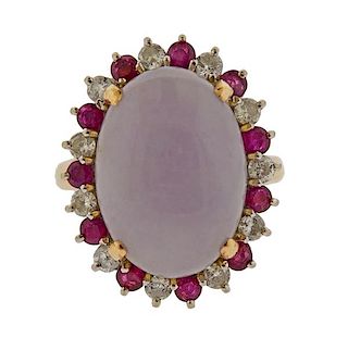 14K Gold Diamond Ruby Lavender Jade Ring