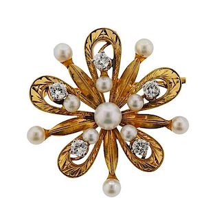 Mikimoto 14K Gold Diamond Pearl Brooch Pin