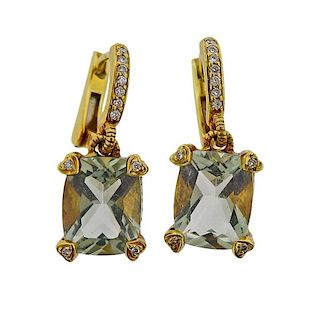 Judith Ripka 18K Gold Diamond Blue Topaz Earrings