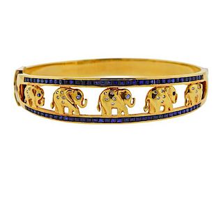 18K Gold Diamond Sapphire Elephant Bangle Bracelet