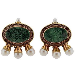 Elizabeth Gage Pearl Green Gemstone 18k Gold Earrings