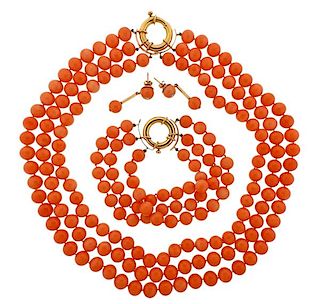 18K Gold Diamond Orange Glass Jewelry Set