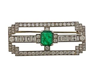 J. E. Caldwell Platinum Diamond Emerald Brooch 