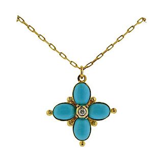 14K Gold Diamond Turquoise Pendant Necklace 